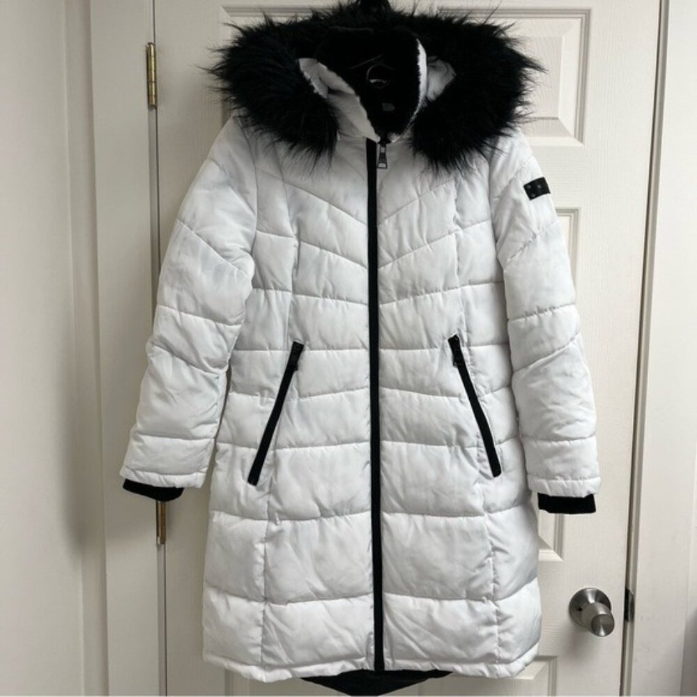 Karl Lagerfeld Paris White Long Faux Fur Puffer Coat - Size Large - Picture 1 of 16